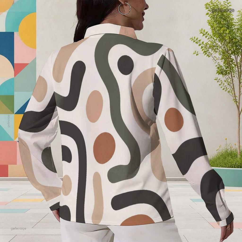 Women Plus Size Collared Neck Long Sleeve Geometric Printed Button Front Curved Hem Shirt