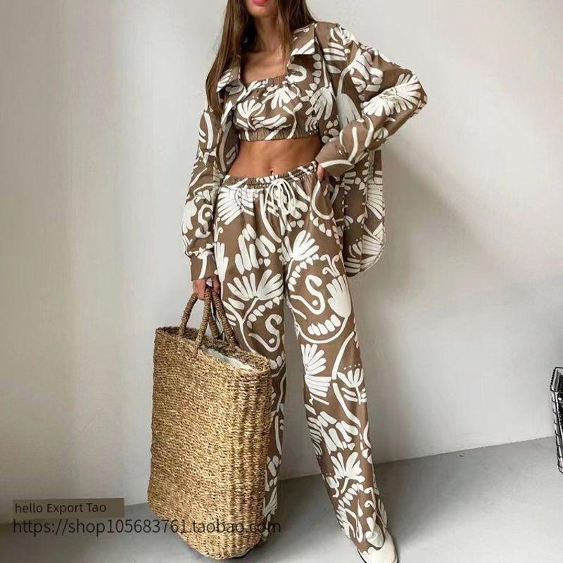 Western Style Print Shirts Tube Top Pants Three-Piece Suit Fashion Printed Three Piece Set