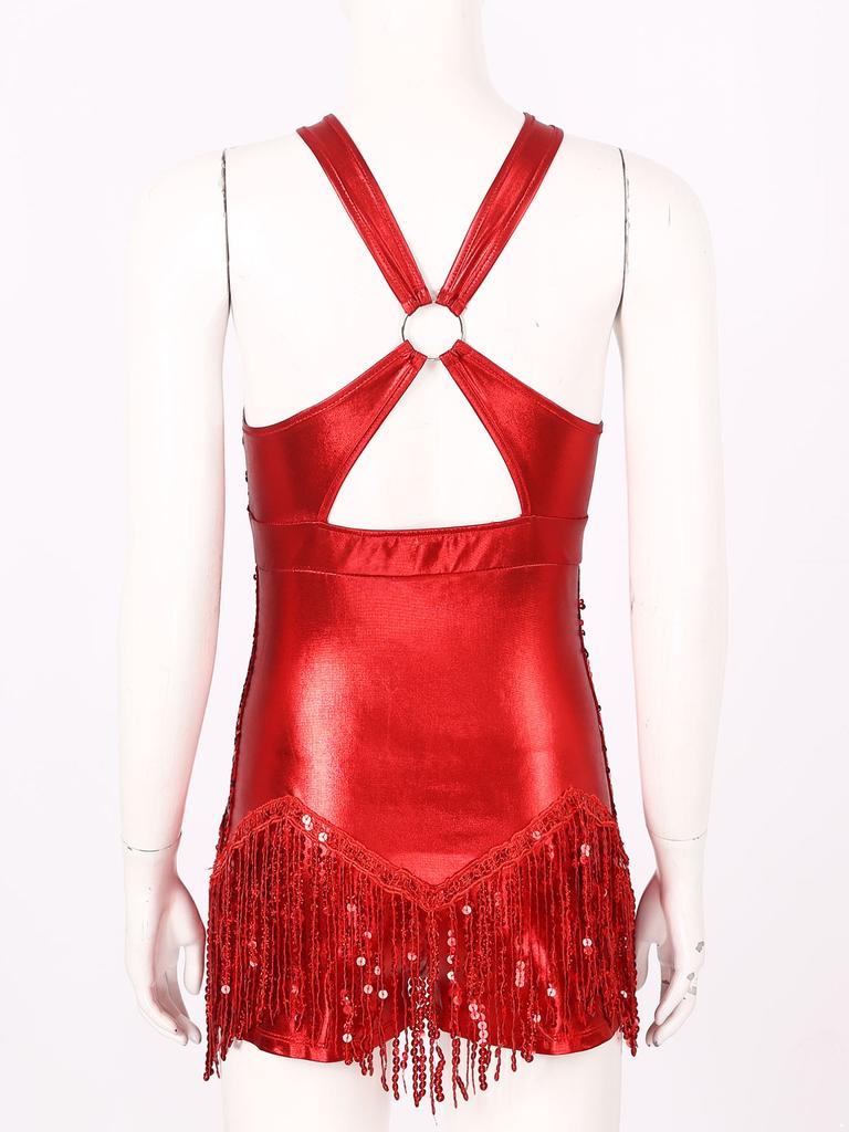 Ärmelloses, kreuz und quer verlaufendes, glänzendes Pailletten-Tanzkleid für Damen, lateinamerikanisches Tango-Salsa-Gymnastik-Trikot