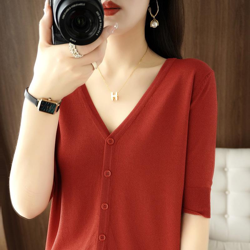 V-neck Five-point Sleeve Ice Silk Knitted Cardigan Summer Loose Sun Protection Clothes Half-sleeved Versatile Top Base Shirt