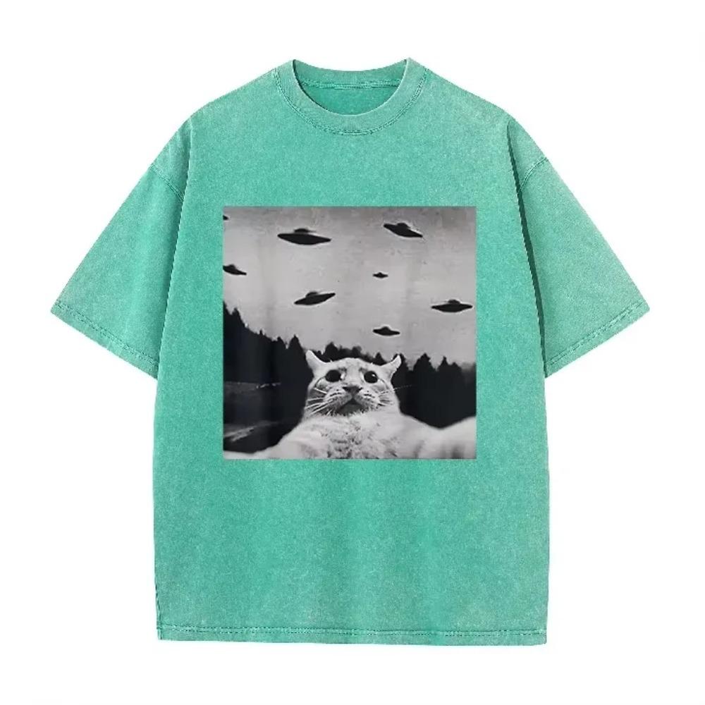 Retro Acid Wash Oversized T-Shirt Seltsame Katze Fliegende Untertasse Vintage Grafik Lässig Herren Damen Sommer Oberteile