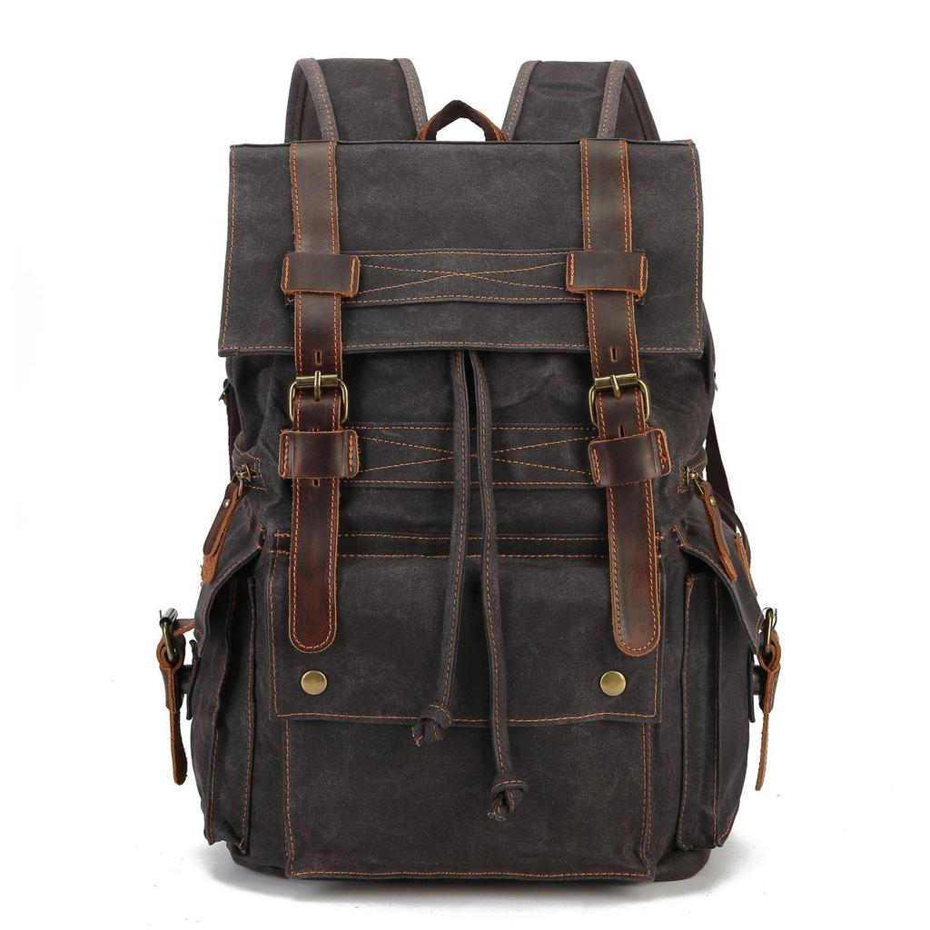 Classic Waxed Canvas & Crazy Horse Leather Backpack - Vintage Style for Outdoor Travel