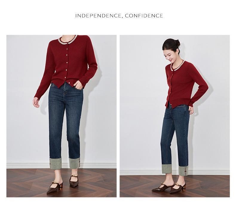 Nanyou Embroidered Velvet Cuff Slim Straight Jeans - Women's Winter Style