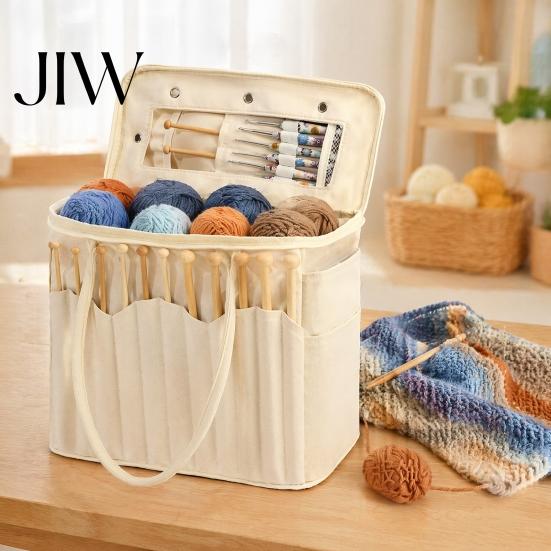 Portable Sewing Kit Holder Canvas Knitting Bag, with Multiple Pockets And Yarn Holes, Storage Organizer for Large Capacity Crochet Organizer,