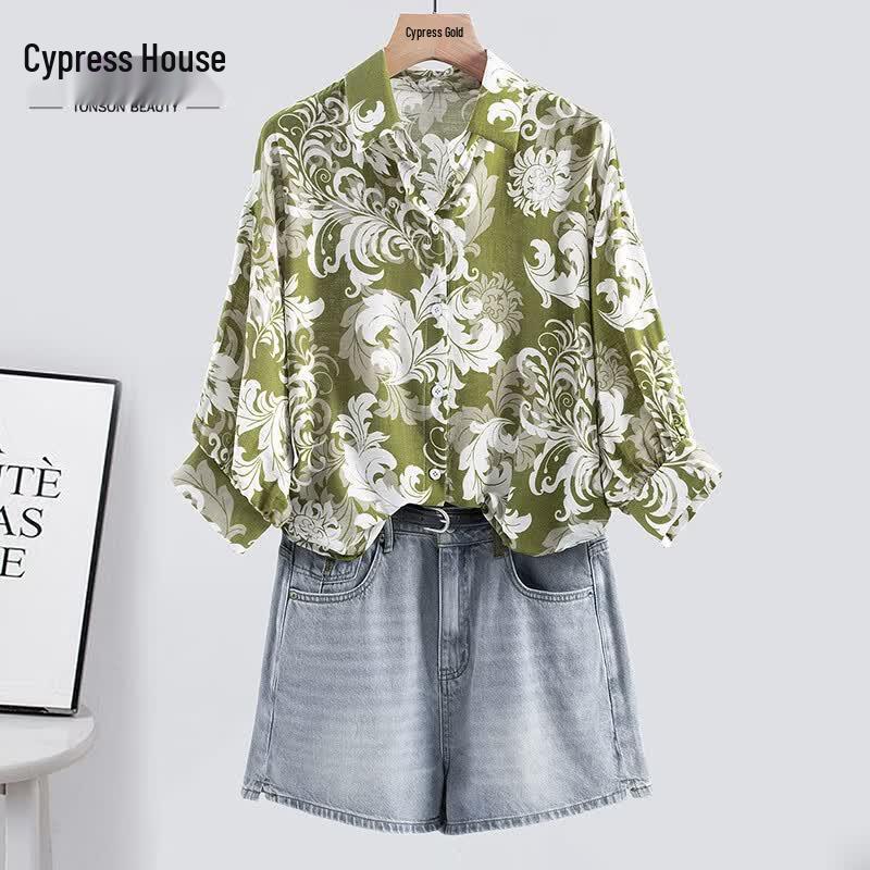 Sibaishe Women s Elegant Floral Print Lapel Shirt One Size
