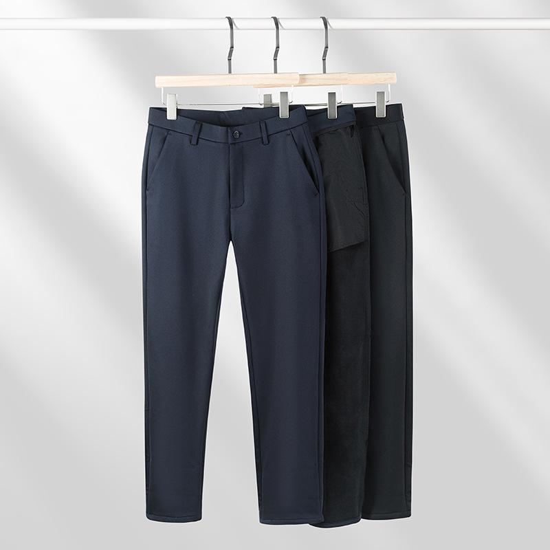Men's Anti-Wrinkle Straight-Leg Business Trousers with Slight Stretch and Warm Plush Lining