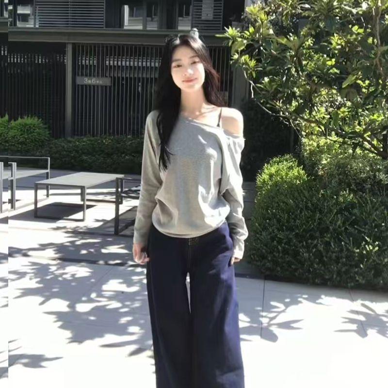 

Niche Style One-Shoulder Cold-Shoulder Long Sleeves T-shirt Women s Spring Autumn Underwear Pure Color Bottoming Shirt K-style Trendy Loose Tops Light gray M