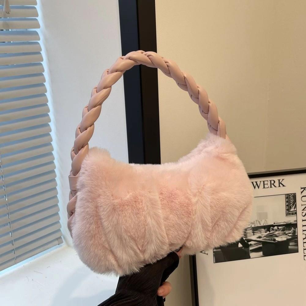 Luxury Furry Shoulder Bag Solid Color Soft Handbag Zipper Fluffy Clutch Bag