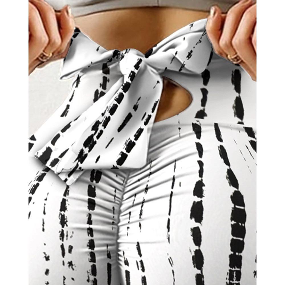 New Arrival Fitness High-Stretch Sweat-Wicking Digital Print Bow-Tie Drawstring Trousers Leggings High-Waisted Slim-Fit Yoga Pants for Women