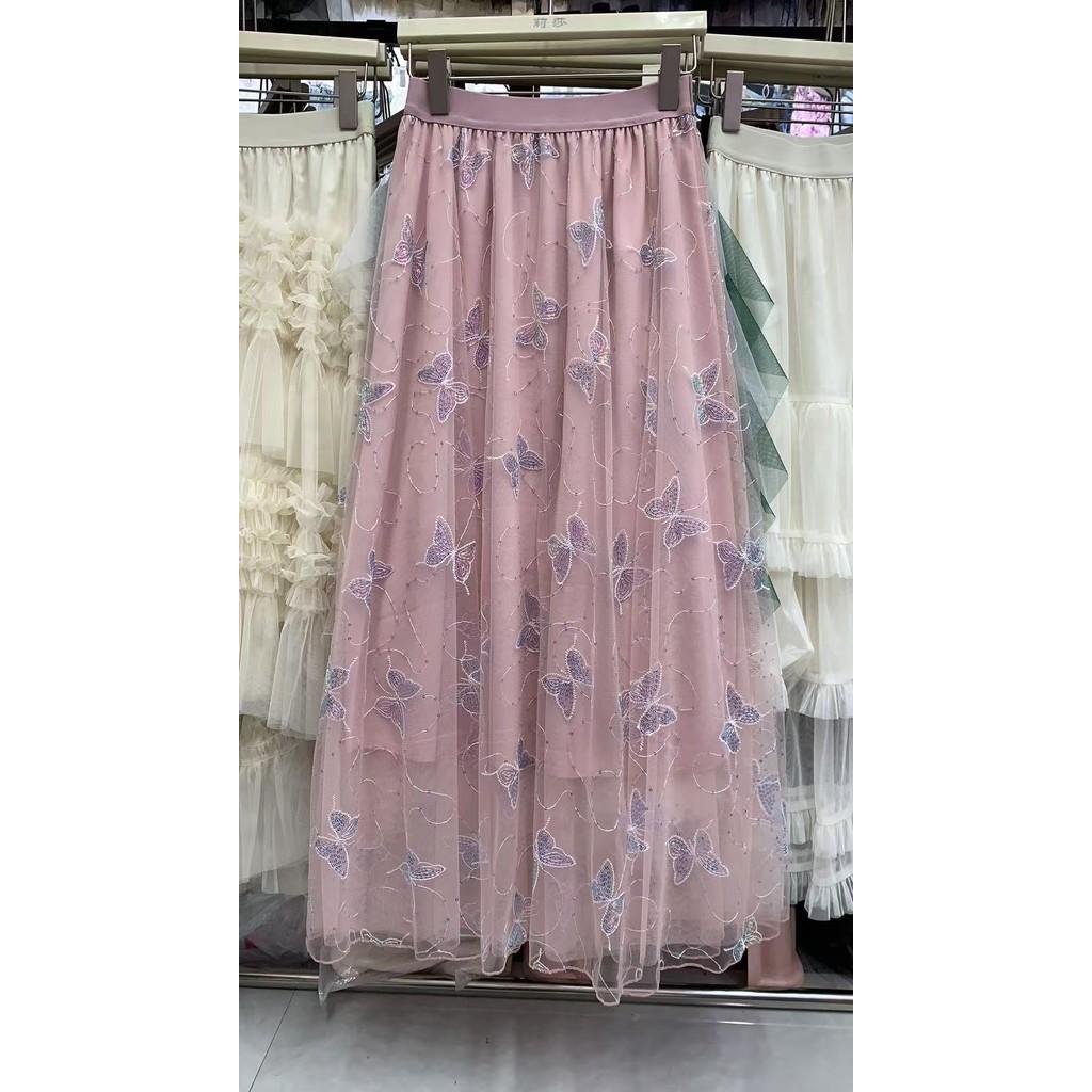 

Qooth Elegant Women A-line Flash Butterfly Tulle Skirt Wide Hem Mid Length Elastic Waist Skirt QT2635 One Size абрикосовый