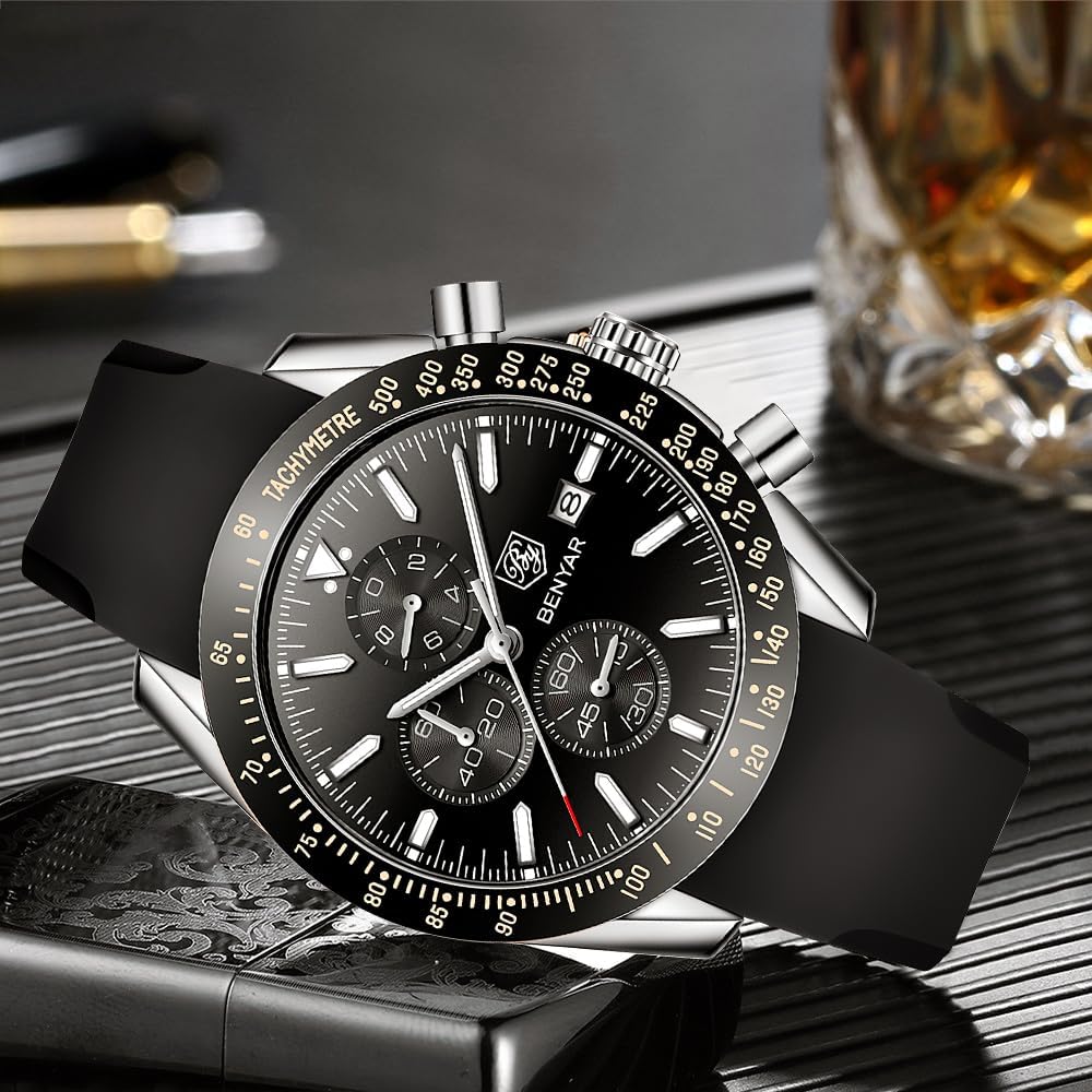 BY BENYAR Chronograph Analog 30M Water Leather Strap Quartz Black and Perfect Gift for Men Men's Watch, Resistant, Simple, Stylish, Popular, Formal,