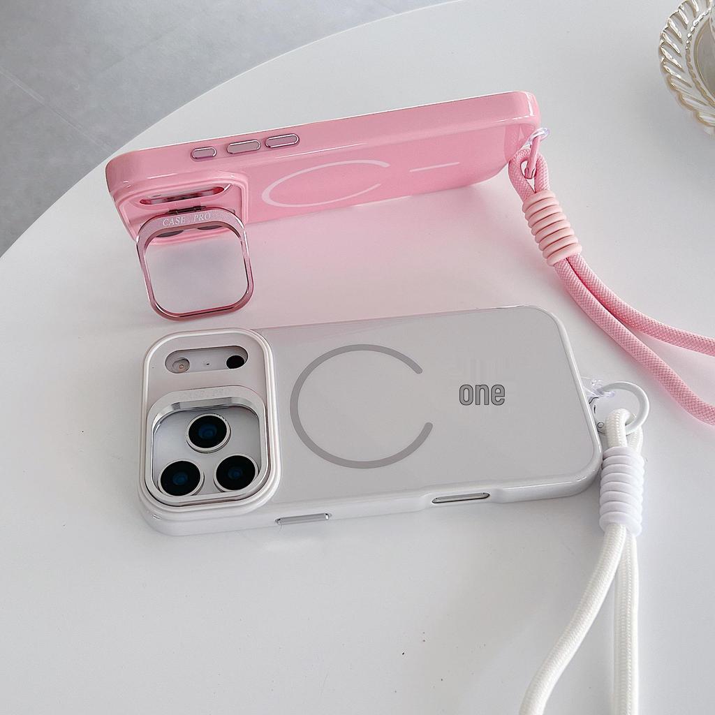 Magnetic Lens Bracket Protective Case for iPhone 16/15/14 Pro Max with Skin Feel & Lanyard, Solid Color