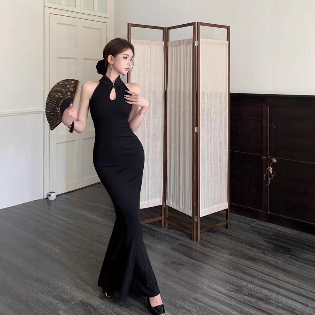 New Chinese-style improved cheongsam buckle neck dress women's summer retro black temperament waist fishtail long skirt