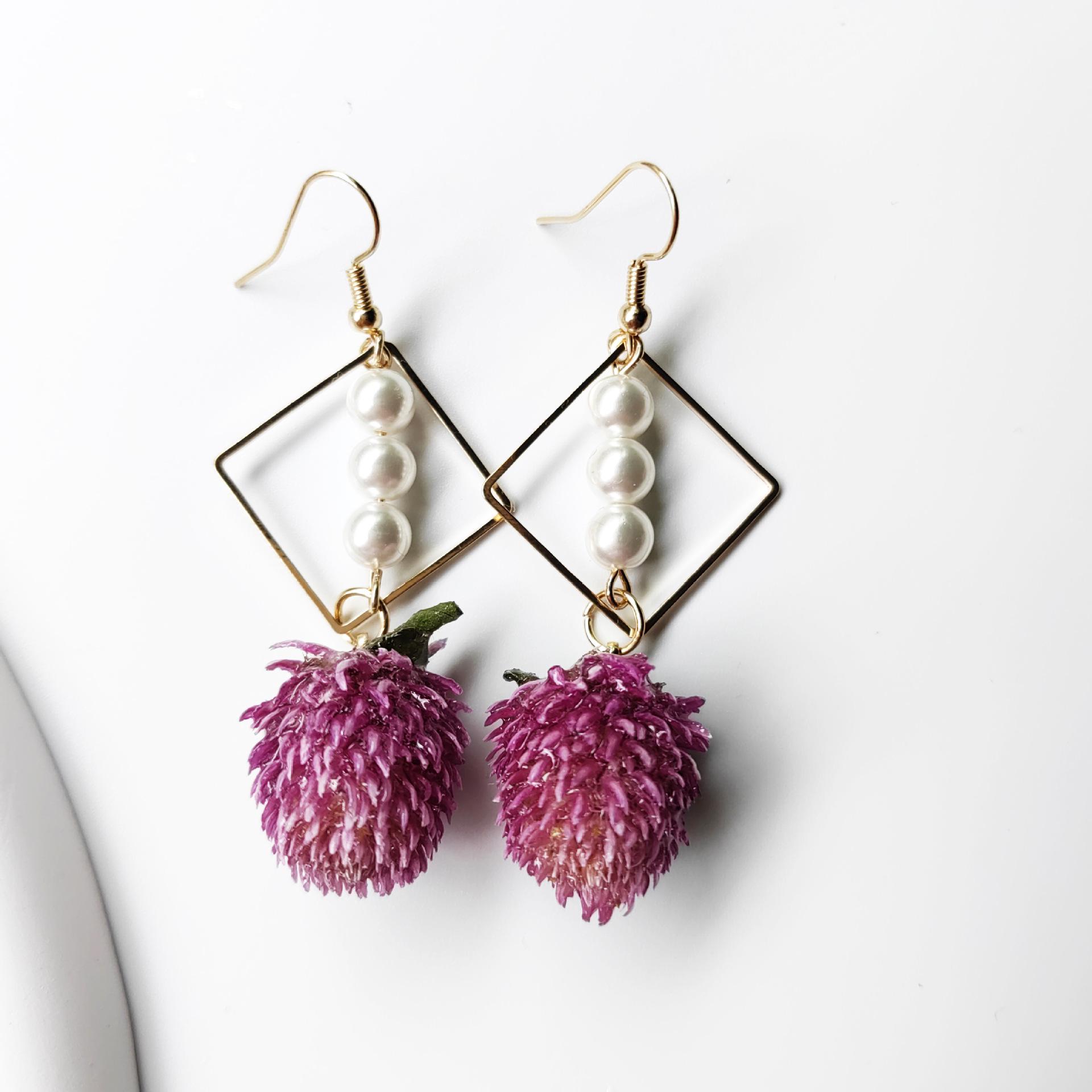 French Retro Long Rose & Pearl Geometric Earrings with Natural Dried Flowers