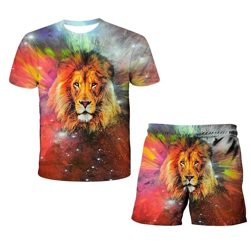 König der Löwen 3D-Druck Sommer Herren O-Ausschnitt T-Shirt Set Casual T-Shirt Shorts 2-teiliges Set Übergroßer Pullover Trainingsanzug Trend Herrenkleidung