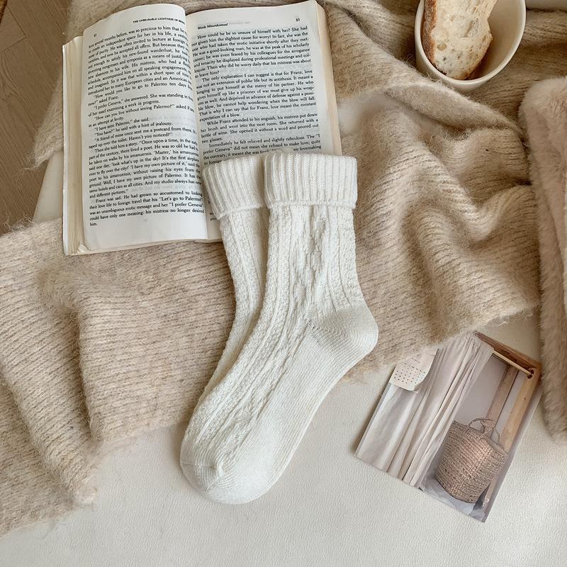 Autumn And Winter Wool Socks Women S Rhombus Solid Color Medium Tube Stacking Socks Japanese Thermal Women S Socks Korean Stockings One size