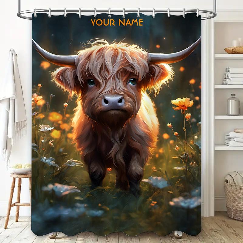 Highland Cow Bathroom Shower Curtain Name Printing Home Decor Artistic Canvas Print