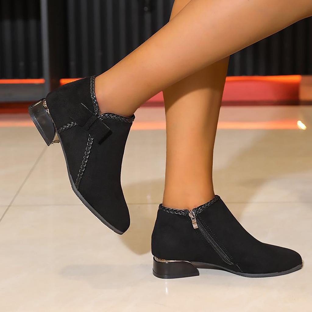 Damen Casual Tägliche Reise Bequem Und Modisch Spitze Seitlicher Reißverschluss Niedriger Absatz Knöchelhohe Stiefel Damen Lederstiefel Breit