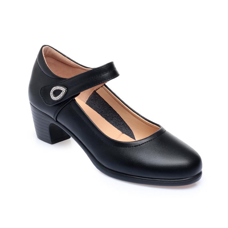 Women Fashion Round Toe Solid  PU Leather Comfort Spring Office Square Heel Pumps Classic Black Soft Bottom Single Shoes