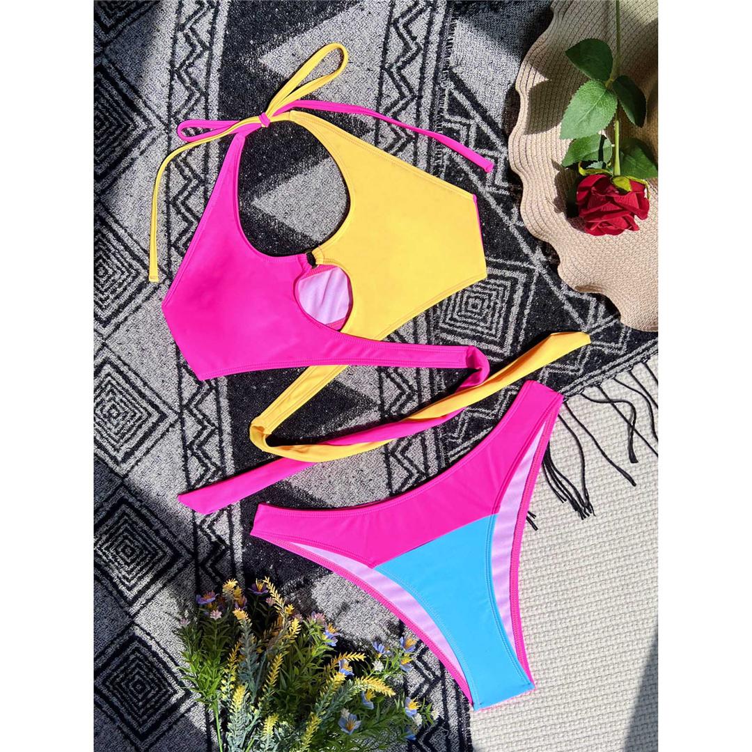 

Женский бикини с лямкой на шее и вырезами, женский купальник, комплект из двух частей, мягкий купальный костюм, купальный костюм для женщин M розовый/жёлтый