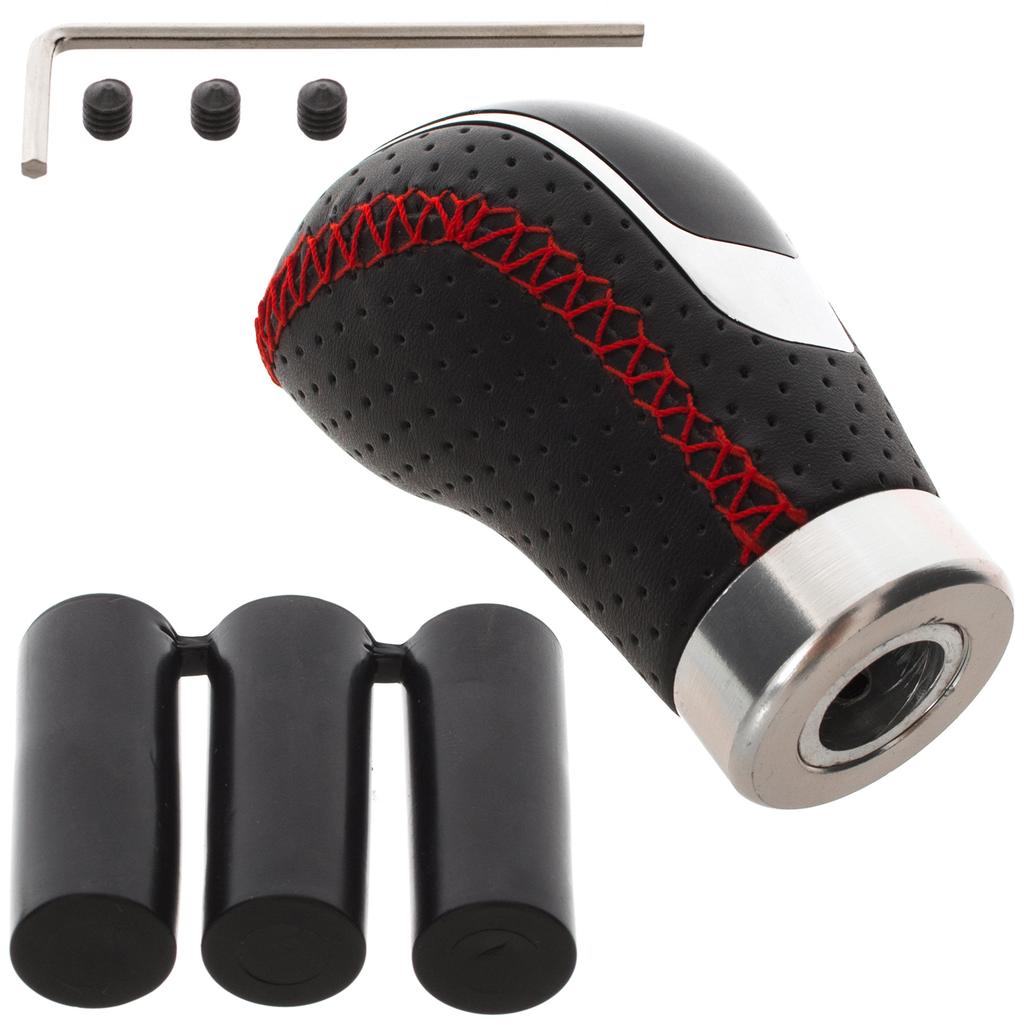 UNIVERSAL 5 SPEED BLACK LEATHER + RED THREAD + SILVER gear shift knob