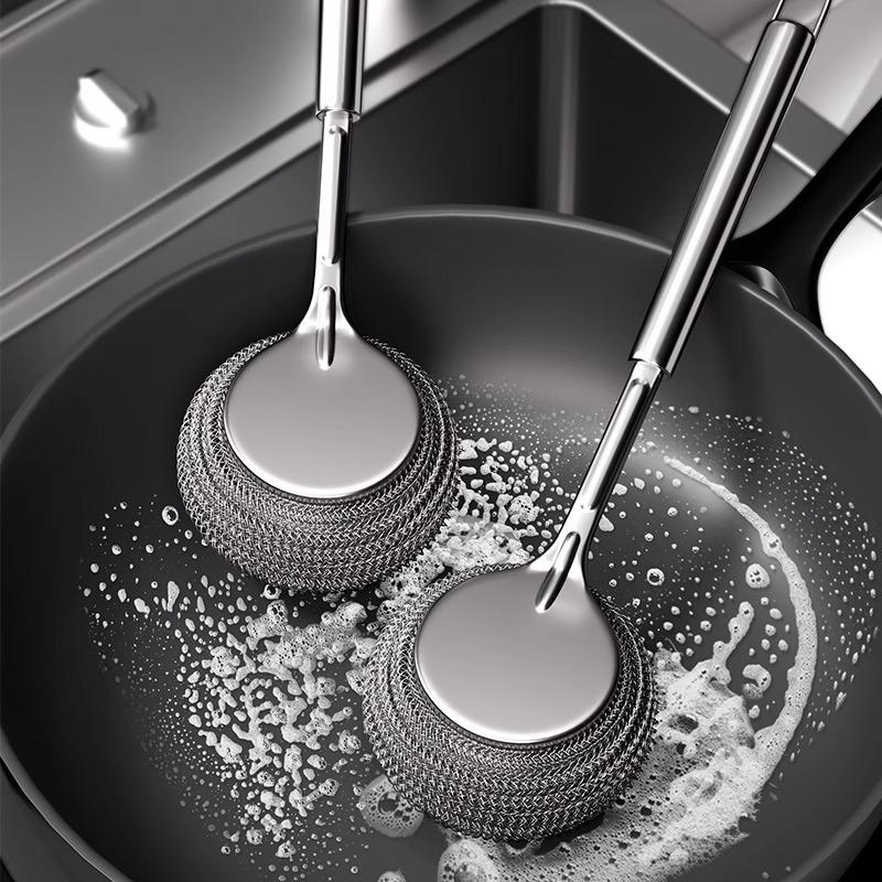 Stainless Steel Long Handle Dishwashing Brush - Kitchen Pot and Dish Cleaner