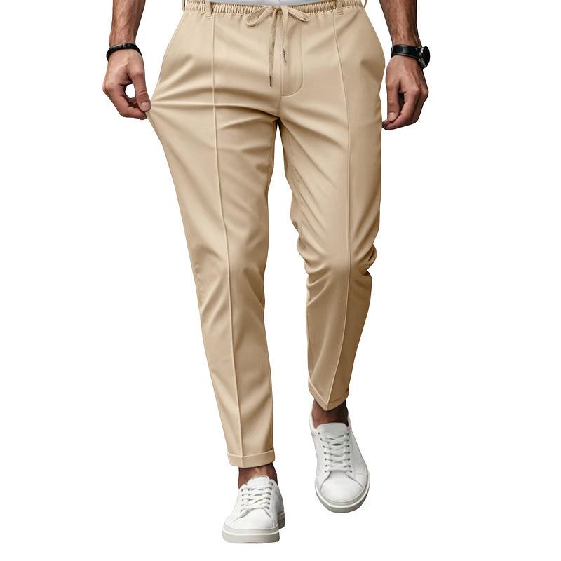 American Style Men's Casual Slim Fit Tapered Pants - Autumn/Winter Solid Color with Drawstring