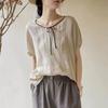 2023 Summer Cotton Linen Women's Retro Ethnic Lace-Up Short Sleeve Loose Top