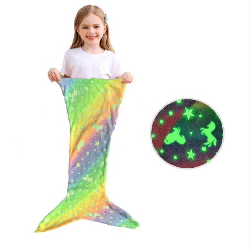 Cartoon Rainbow  Mermaid Tail Blanket Super Soft Glow In The Dark Flannel Mermaid Tail Blanket Girls Sleeping Bag