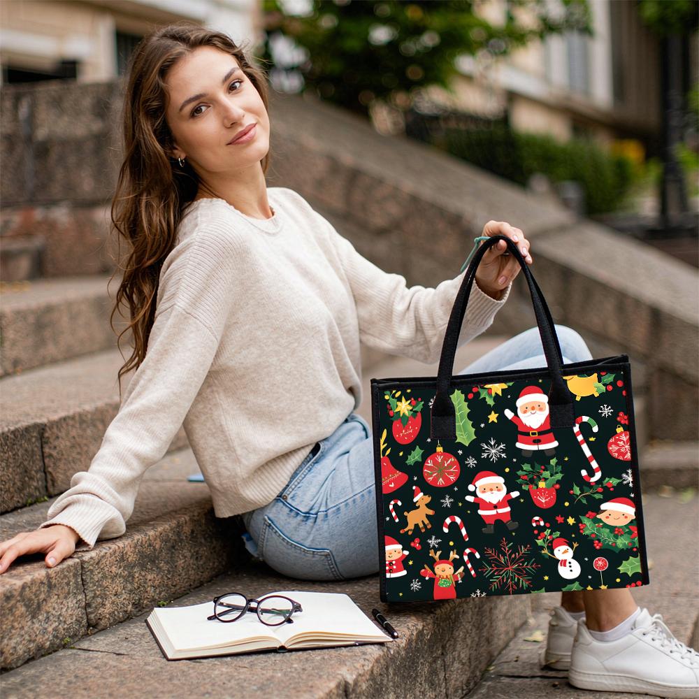 Christmas Santa Pattern Tote Bag Women Fashion Holiday Portable Handbag Christmas Cute Daily Carry Shopping Bag