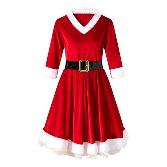 4 Pcs Mrs. Claus Costume Set for Women Adult Velvet Santa Claus Dress with Belt Santa Hat Gloves Set for Christmas Party