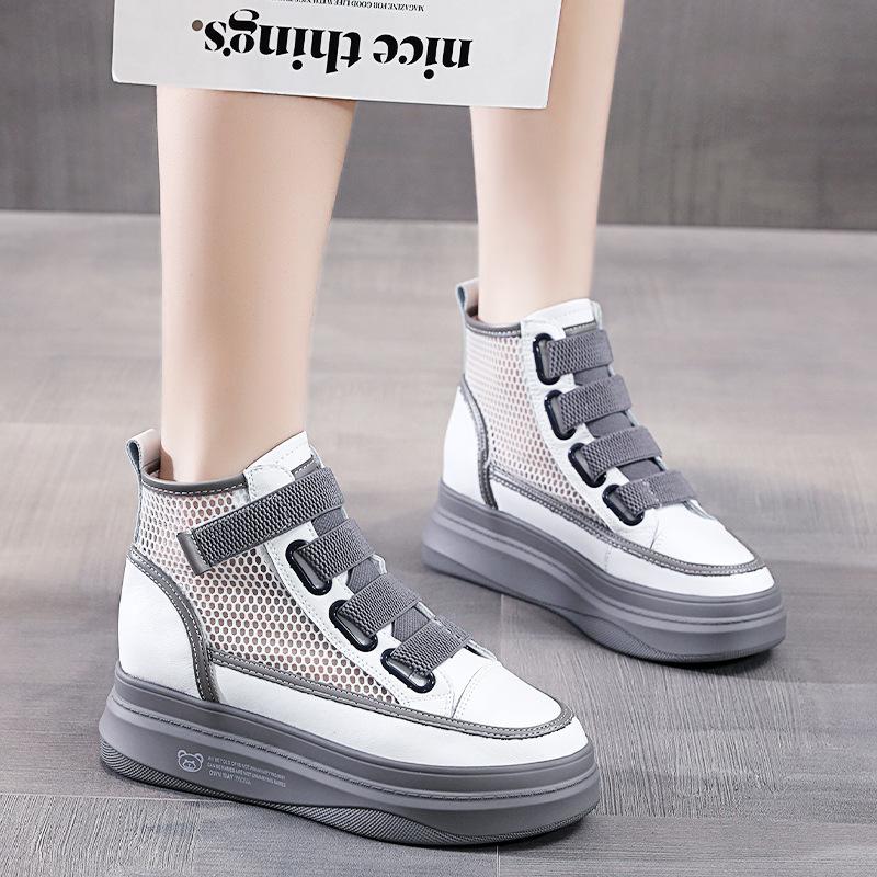 Fashion High top white shoes for women 2025 new women's shoes versatile breathable mesh shoes thick soled casual sports shoes