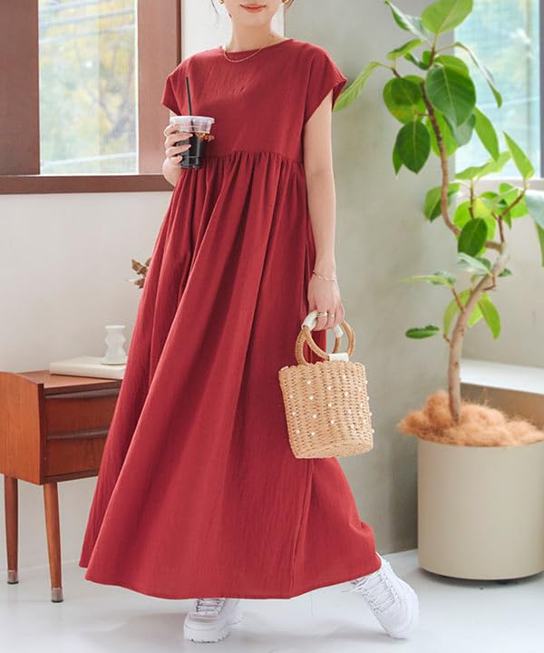 Kobe Lettuce French Sleeve Maxi Dress Free French Sleeve Dress, Volume, Women's, [E1892], Size, Khaki,