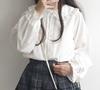 Lolita Long Sleeve Blouse Tops Round Collar Ruffles White White [Lady Lazy] Women's (M)