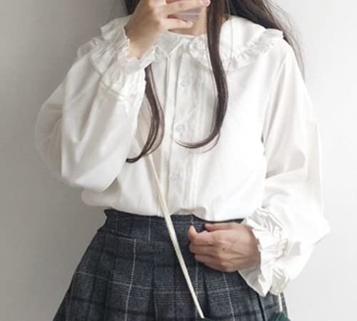 Lolita Long Sleeve Blouse Tops Round Collar Ruffles White White [Lady Lazy] Women's (M)