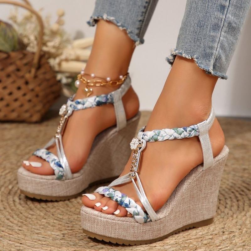 

thick-soled wedge sandals women s new woven hemp rope elastic band bohemian high heels 43 срібний