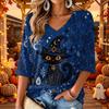 Women's Stylish V-Neck Three-Quarter Sleeve Casual Halloween Print Top
