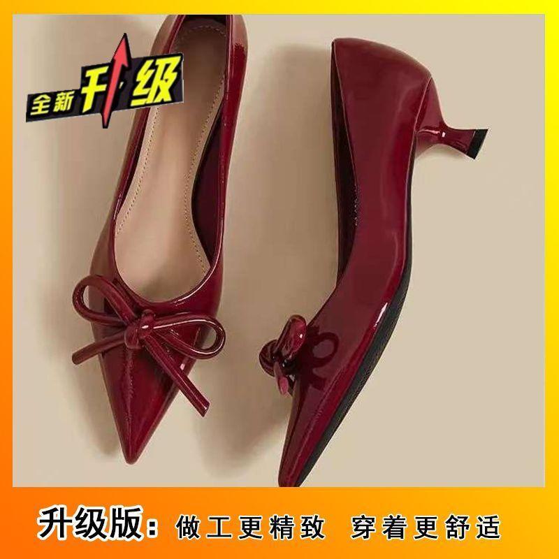 With skirt bow patent leather red thin heel pointed high heels 2025 summer new French shallow mouth single shoes women