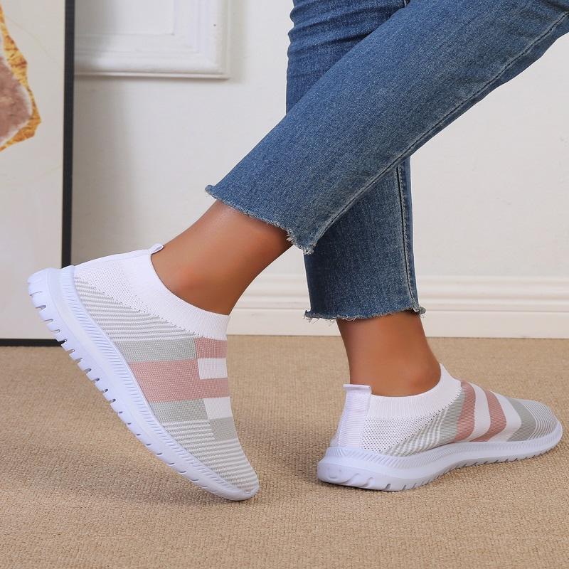 2024 Women Sneakers Fashion Women Vulcanized Shoes Slip On Flats Shoes Women Loafers Colorblock Stripes Plus Size Walking Flat