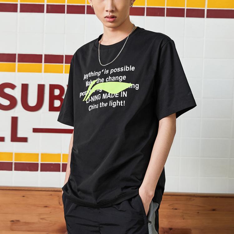 Li-Ning Sports Fashion Series Letter Print Loose Round Neck T-Shirt Unisex Tops Black AHSR340-6