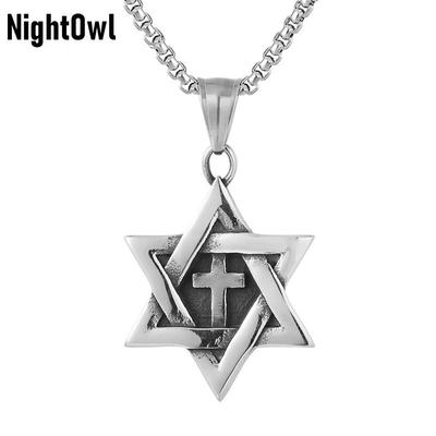 Collier Pendentif Croix Étoile de David Hexagone Cool pour Homme Acier Inoxydable