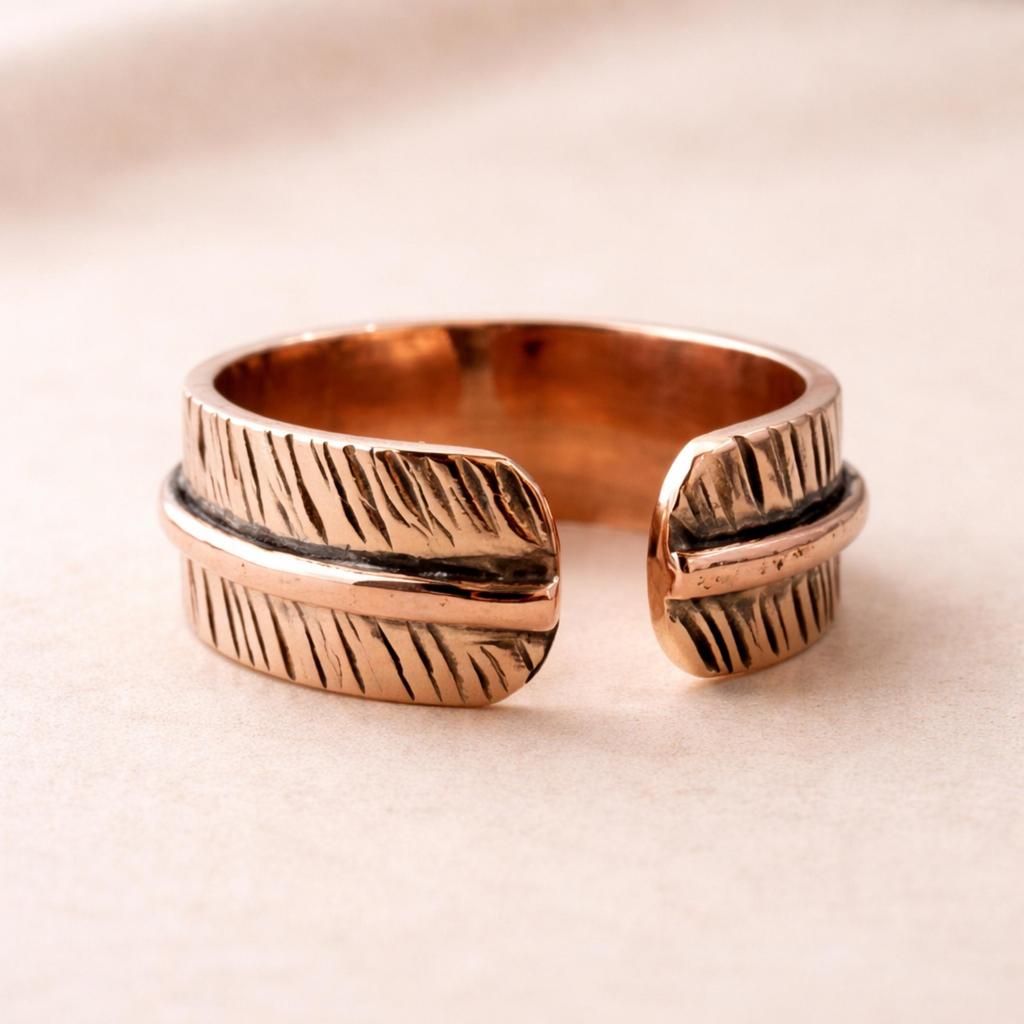 Verstelbare Massief Koperen Ring – Gestructureerde Minimalistische Ontwerpersband – Rustieke Handgemaakte Unisex Statement Ring
