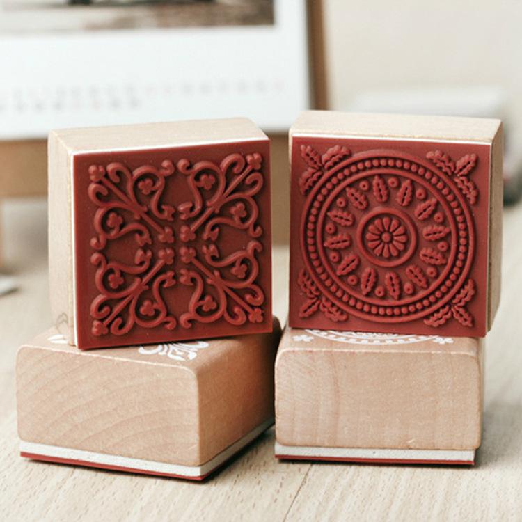Korean Kawai Stationery Classic Wooden Retro Square Lace Seal 2 Series Set Seals Office School Supplies Teacher Lovely Gift