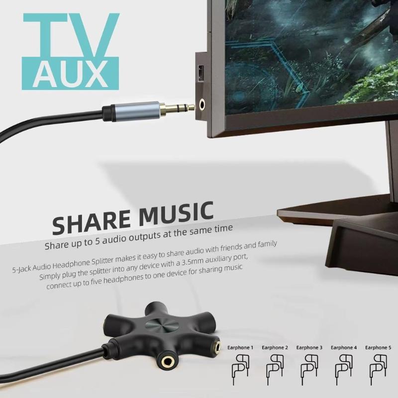 Headphone Splitter Cable 3.5mm 1 Male To 5 Female Port 3.5mm Share Adapter For Phone Player Headphone Laptops