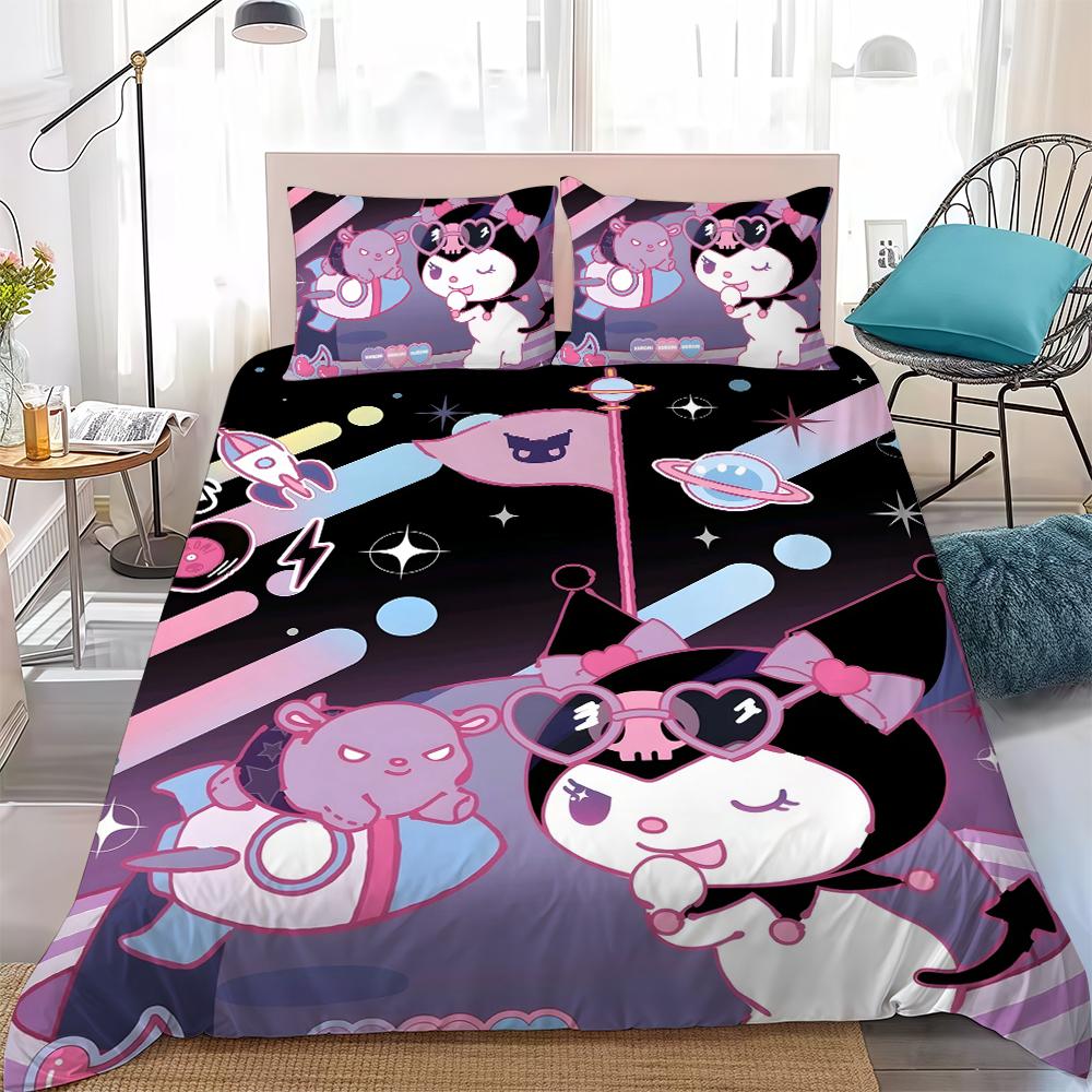 Cute K-Kuromi Duvet Cover Set Home Style Bedding Soft Laundry Cotton Bed 3 Piece Set Student Dormitory Gift