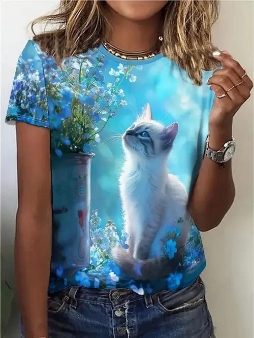 Summer Cute Cat Graphic Flower 3D Print T-Shirts Women Casual O-Neck Short Sleeve T Shirt Harajuku Y2k Tees Tops Female Clothing