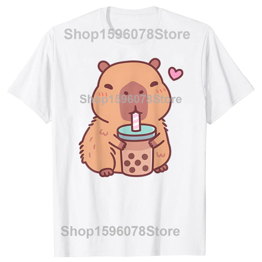Cute Capybara Kawaii Anime Drinking Bubble Tea Lover Men Clothing Fashion T Shirts Cotton Short Sleeve Oversized Tshirt Tops S