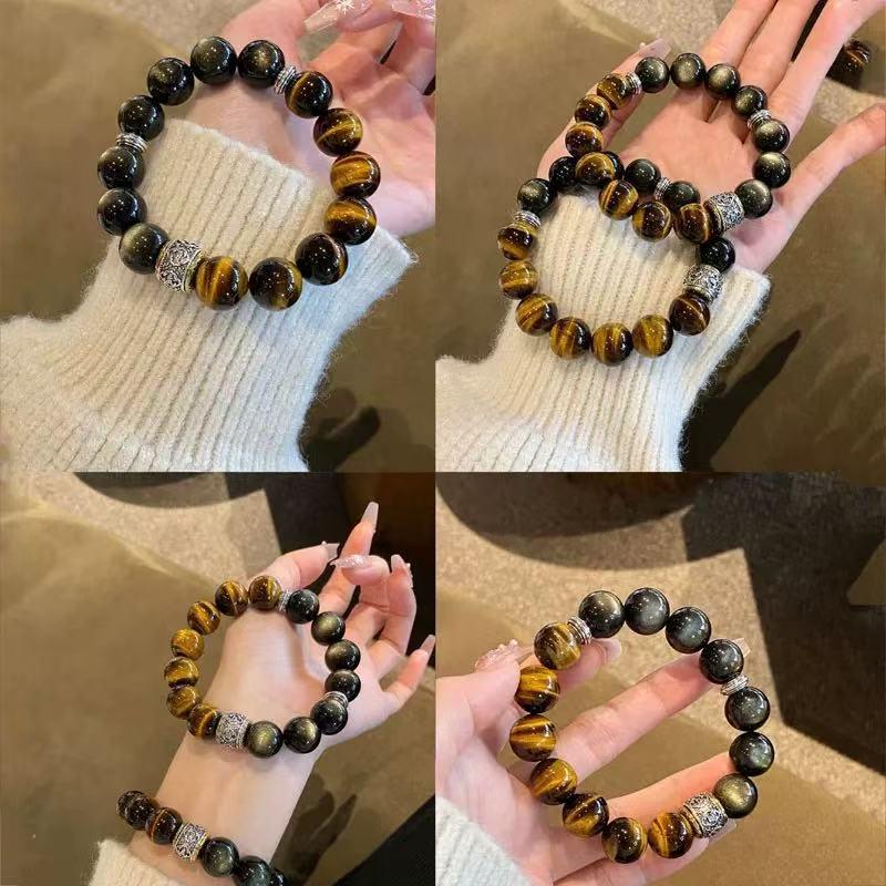 Yellow Tiger Eye & Gold Silver Obsidian Bracelet for Men - Attracts Wealth & Luck, Year of the Horse Crystal Beaded Gift for Boyfriend