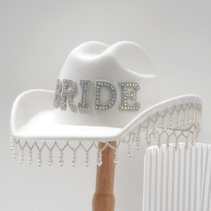 Luxurious Pearls Cowboy Hats Bride Hat Panama Hat for Bachelorette Party Cowboy Hats for Club Stage Shows