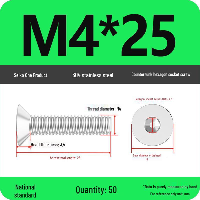 Complete Set of 304 Stainless Steel Countersunk Hex Socket Cap Screws, Flat Head Bolts, and Machine Screws (M2-M10)